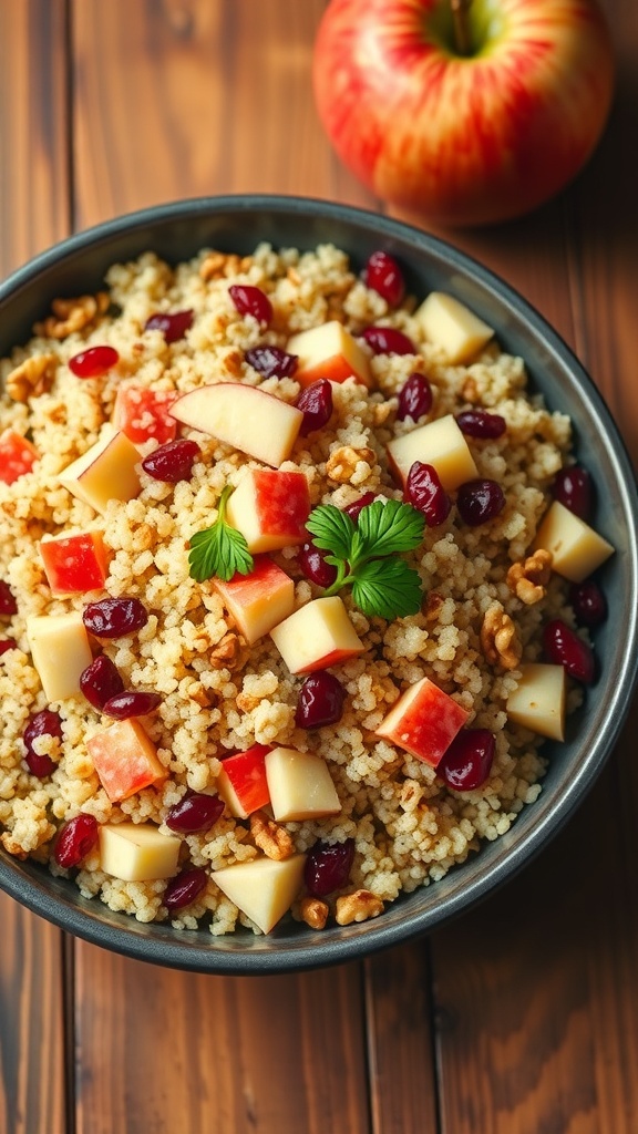 Quick Apple Quinoa Salad Recipe A colorful apple quinoa salad with quinoa, apples, walnuts, and cranberries in a bowl, garnished with parsley.